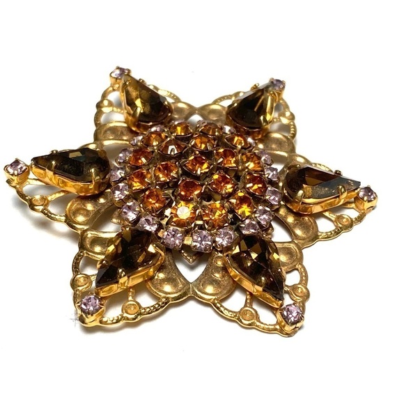 Vintage Brooch Pin Star Crystals Rhinestones Amber Pink Yellow Gold Tone - Picture 4 of 9